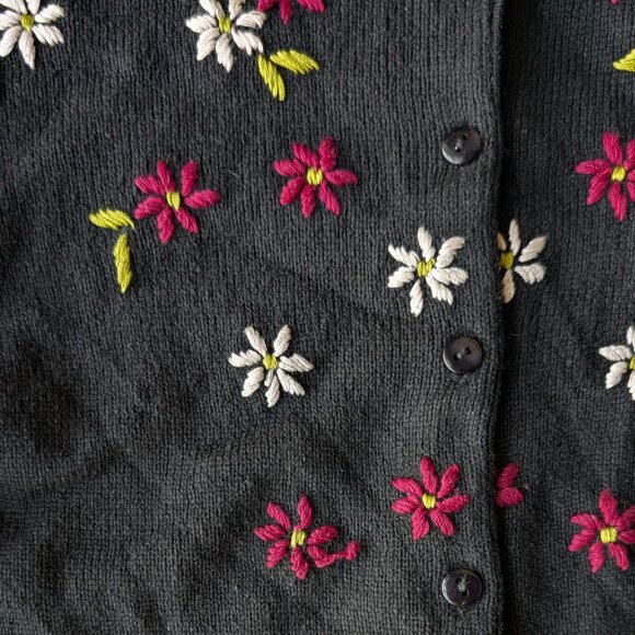 Vintage Icon Black Silk Cashmere Knit Floral Embroidered Cardigan Sweater small - Picture 3 of 6